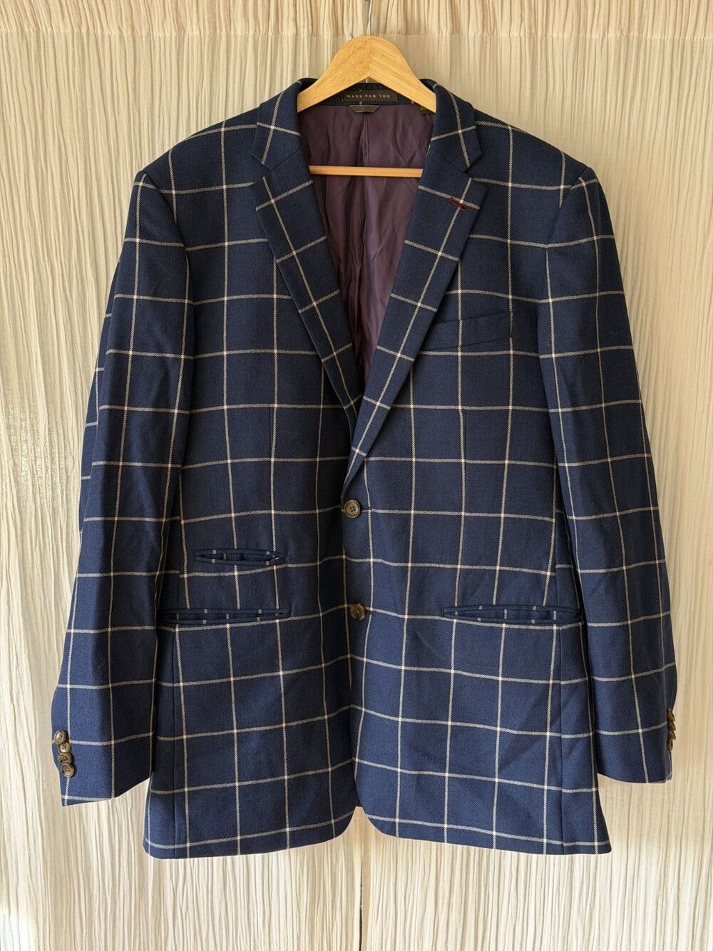 INDOCHINO Custom Wool Suit Jacket Est Size 40R Navy Blue Harrogate Windowpane